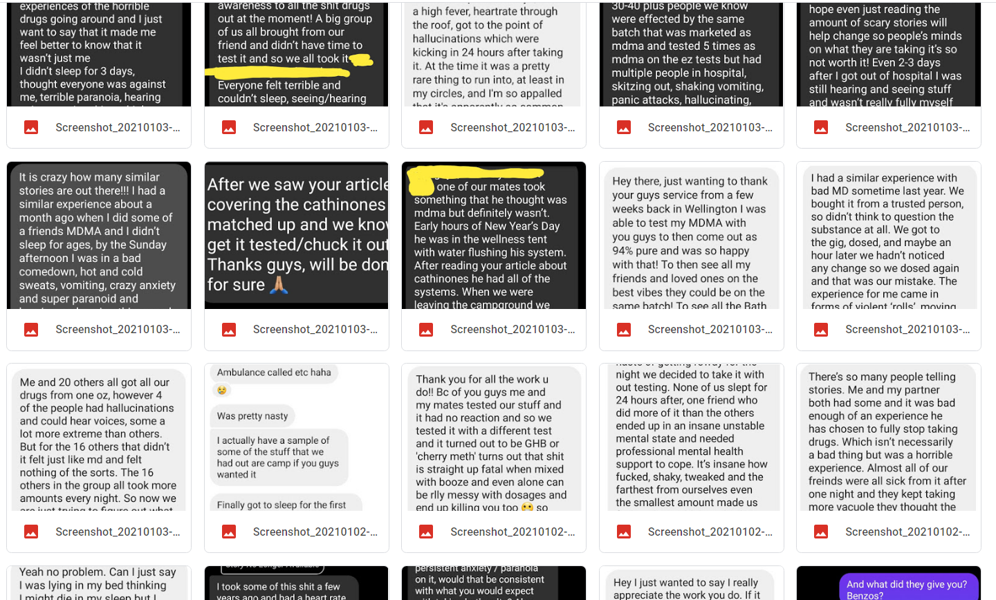 Images of Instagram messages to KnowYourStuffNZ from people that had accidentally taken eutylone