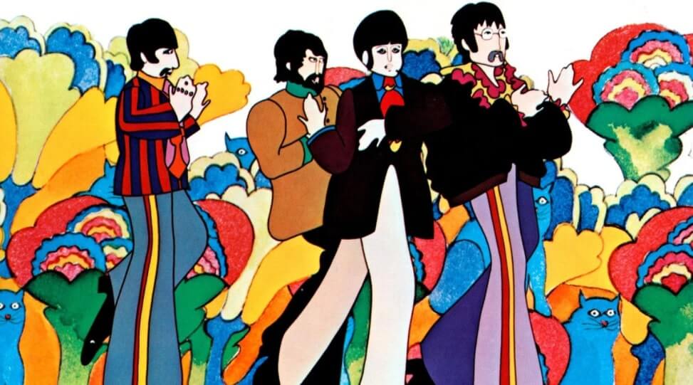 Still picture from the animated Beatles film Yellow Submarine showing John, Paul, George, and Ringo against a psychedelic background.