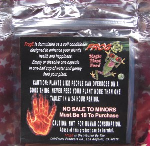 Back of package for "plant food" with not for human consumption disclaimer