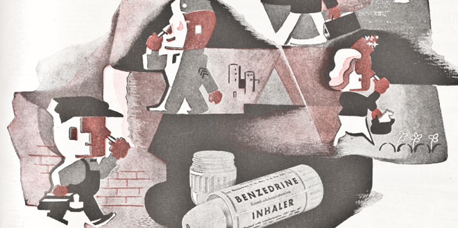 Illustrated ad for Benzedrine inhalers from the 1940s showing people going about their lives with Benzedrine inhalers up their nose.