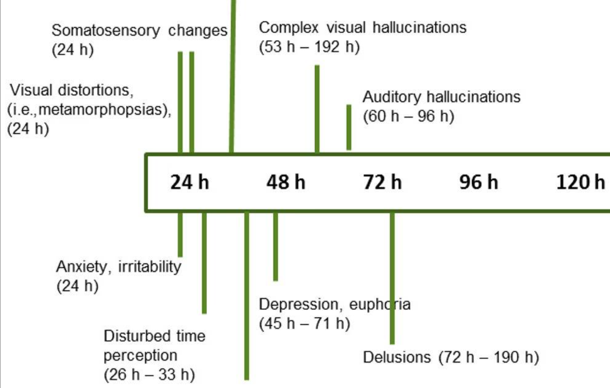 Diagram of timeline of insomnia, going from visual distortions and anxiety at the 24 hour mark to hallucinations and delusions at the 72 hour mark